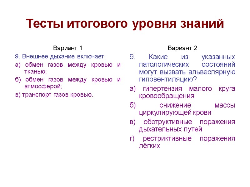 Тесты итогового уровня знаний Вариант 1 9. Внешнее дыхание включает: а) обмен газов между